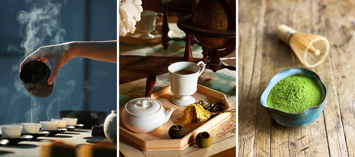 Sélection d’adresses parisiennes pour déguster du thé, avec différentes mises en scène de cérémonies et accessoires de dégustation.