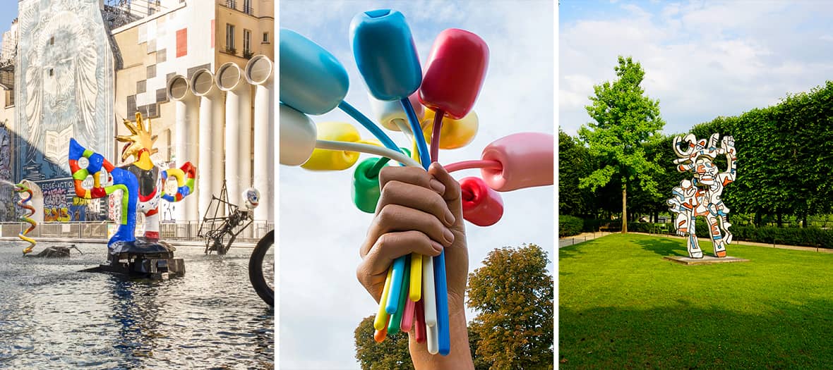 Vue de sculptures emblématiques à Paris : Fontaine Stravinsky, bouquet de tulipes de Jeff Koons et œuvre Le Bel Costume dans un jardin parisien.