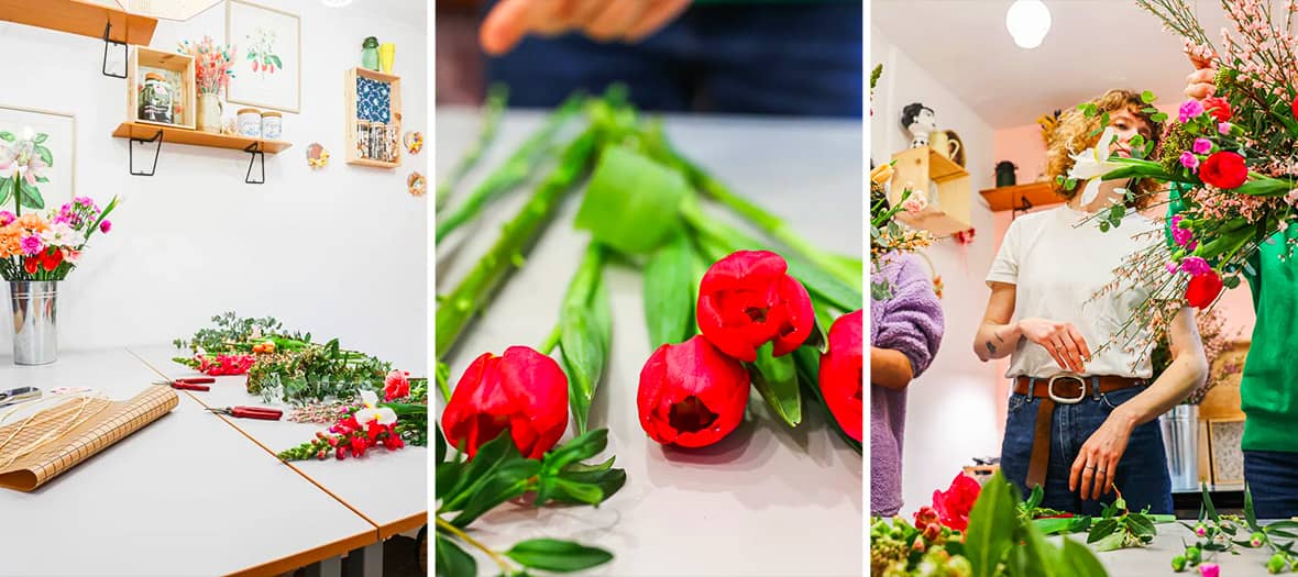 Atelier de cr&eacute;ation de bouquets de fleurs fra&icirc;ches dans un espace chaleureux &agrave; Paris