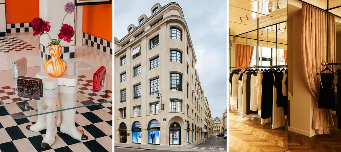 Façade et intérieurs des boutiques de mode parisiennes Carel, Casablanca et Martin Martin à Paris.