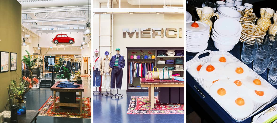 Vue intérieure du concept store Merci à Paris avec sa célèbre Fiat 500 rouge suspendue.