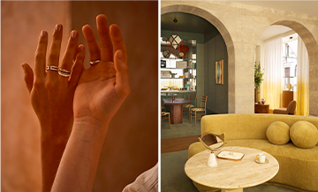 Intérieur raffiné de la boutique Gemmyo à Saint-Germain-des-Prés avec mobilier élégant, fresque végétale et ambiance chaleureuse.