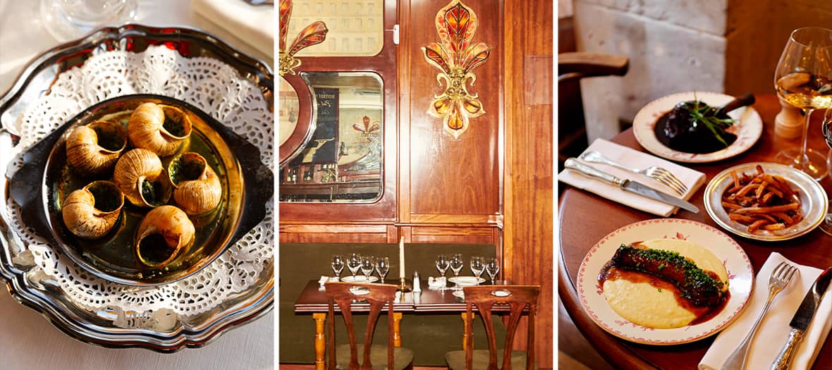 Assiette d’escargots au beurre persillé, salle à manger boisée et spécialités de bistrot dans un restaurant typique de Paris.