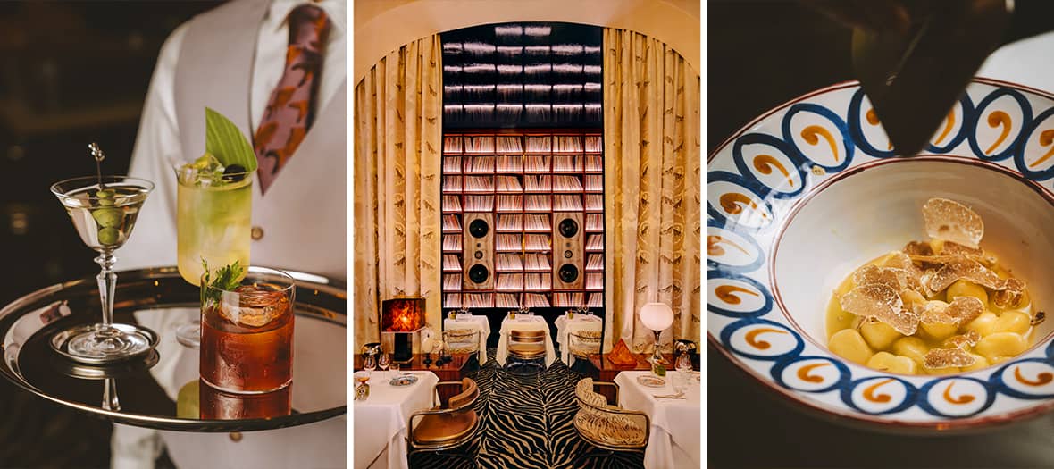 Salle principale du restaurant Gloria à Paris, montrant un décor sophistiqué mélangeant art déco, couleurs chaudes et mobilier design.