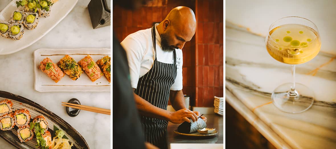 Sélection de sushis et tatakis au Vesper Paris, chef préparant un plat et cocktail raffiné posé sur un comptoir en marbre.