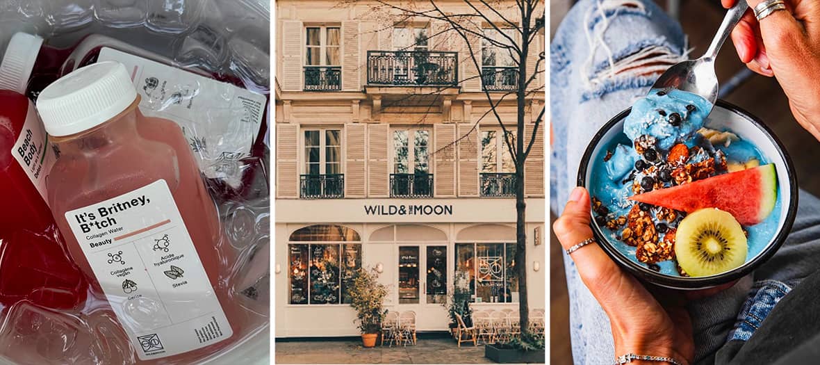 Jus d&eacute;tox, smoothie bowl bleu et fa&ccedil;ade nature chez Wild & The Moon, temple vegan du Marais &agrave; Paris.