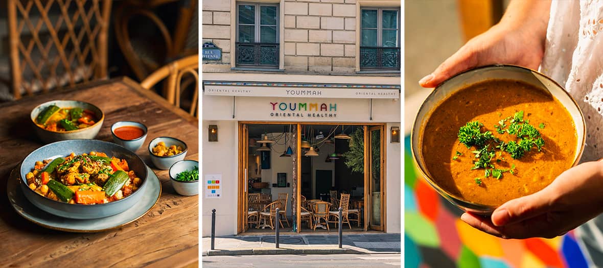 Cuisine orientale healthy avec couscous v&eacute;g&eacute;tarien, soupe &eacute;pic&eacute;e et devanture du restaurant Yoummah &agrave; Paris.